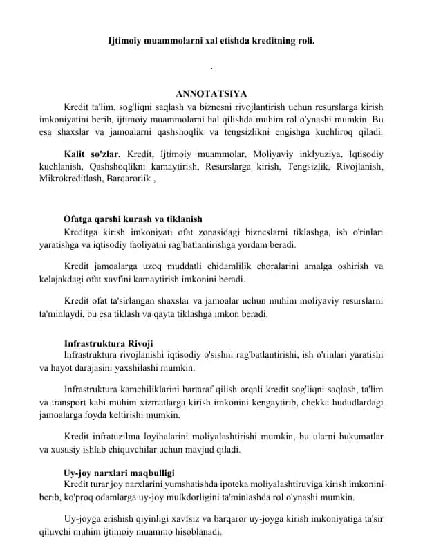 Kredit ta'lim, sog'liqni saqlash va biznesni rivojlantirish