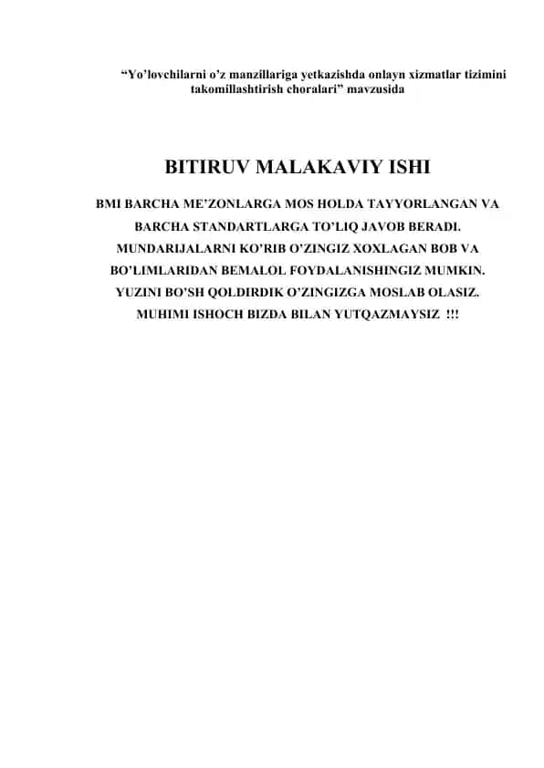 Yo’lovchilarni o’z manzillariga yetkazishda onlayn xizmatlar tizimini takomillashtirish choralari
