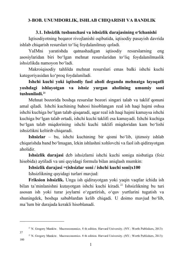 Ishsizlik tushunchasi va iqtisodiyotdagi ta’siri
