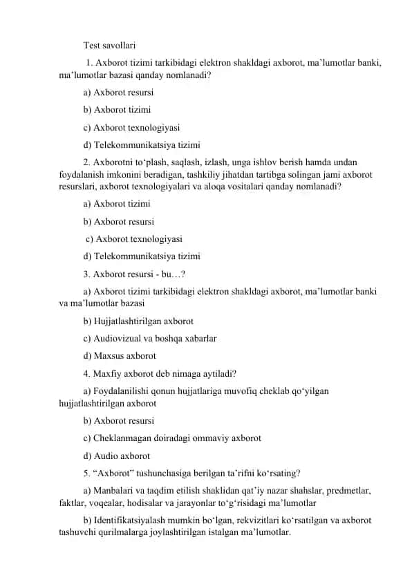 Test savollari