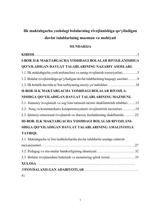 Ilk maktabgacha yoshdagi bolalar rivojlanishiga qo‘yiladigan davlat talablarining mazmun va mohiyati