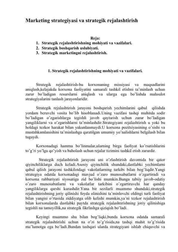Marketing strategiyasi va strategik rejalashtirish