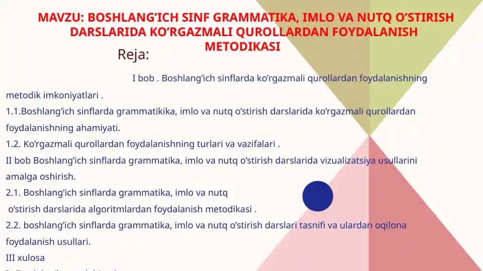 Boshlang’ich sinf grammatika, imlo va nutq o’stirish darslarida ko’rgazmali qurollardan foydalanish metodikasi