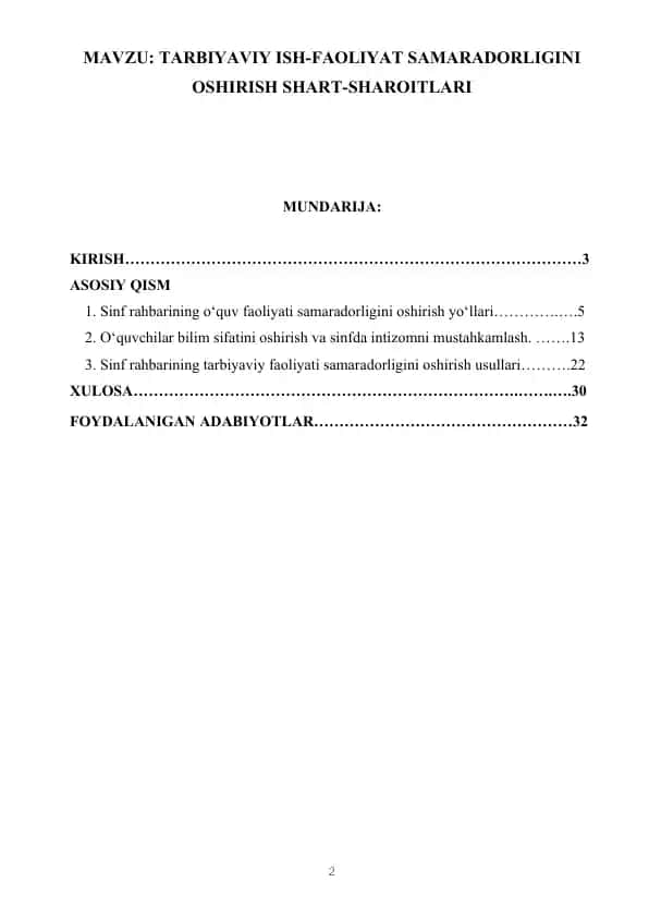 TARBIYAVIY ISH-FAOLIYAT SAMARADORLIGINI OSHIRISH SHART-SHAROITLARI