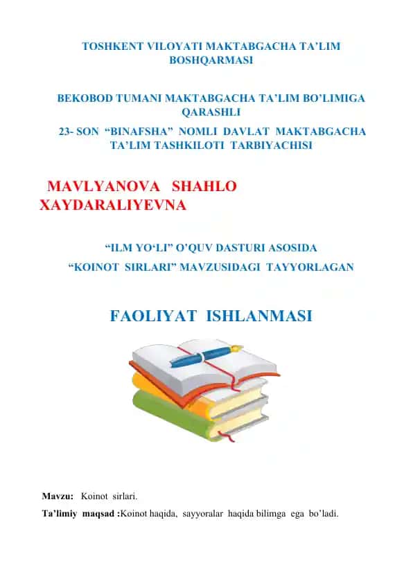 "Koinot sirlari" mavzusidagi faoliyat ishlanmasi