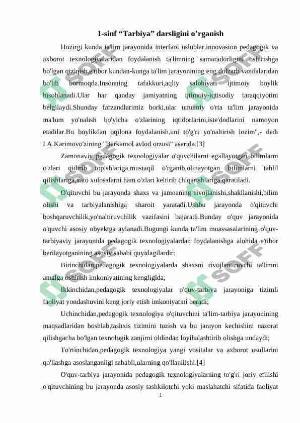 1-sinf “Tarbiya” darsligini o’rganish