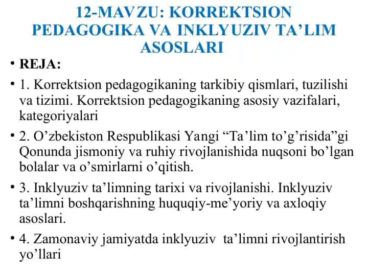 KORREKTSION PEDAGOGIKA VA INKLYUZIV TA’LIM ASOSLARI