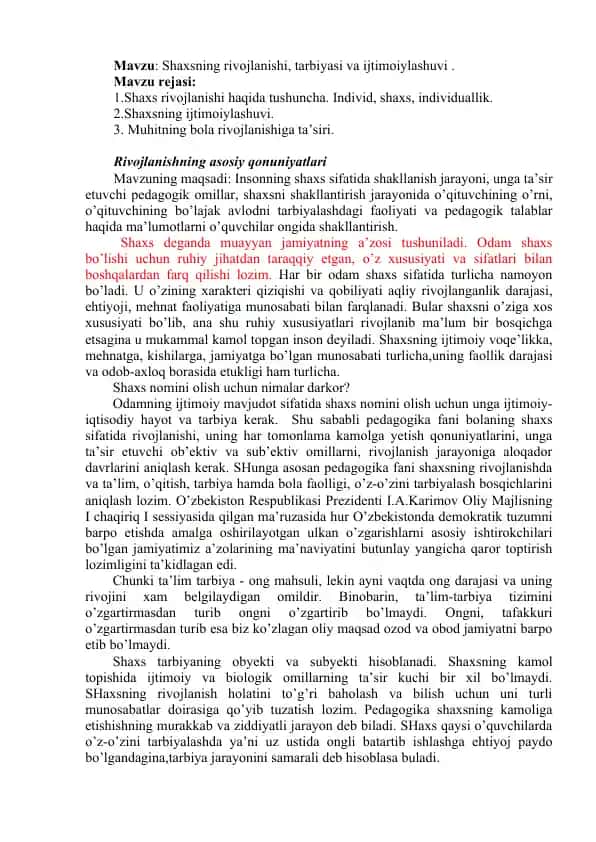 Shaxsning rivojlanishi, tarbiyasi va ijtimoiylashuvi