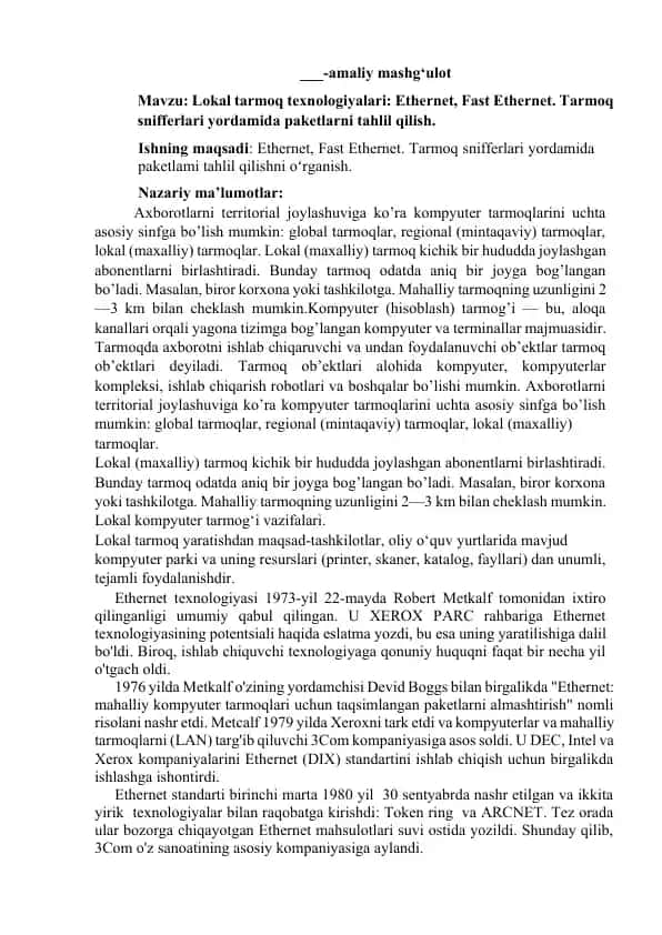 Lokal tarmoq texnologiyalari: Ethernet, Fast Ethernet