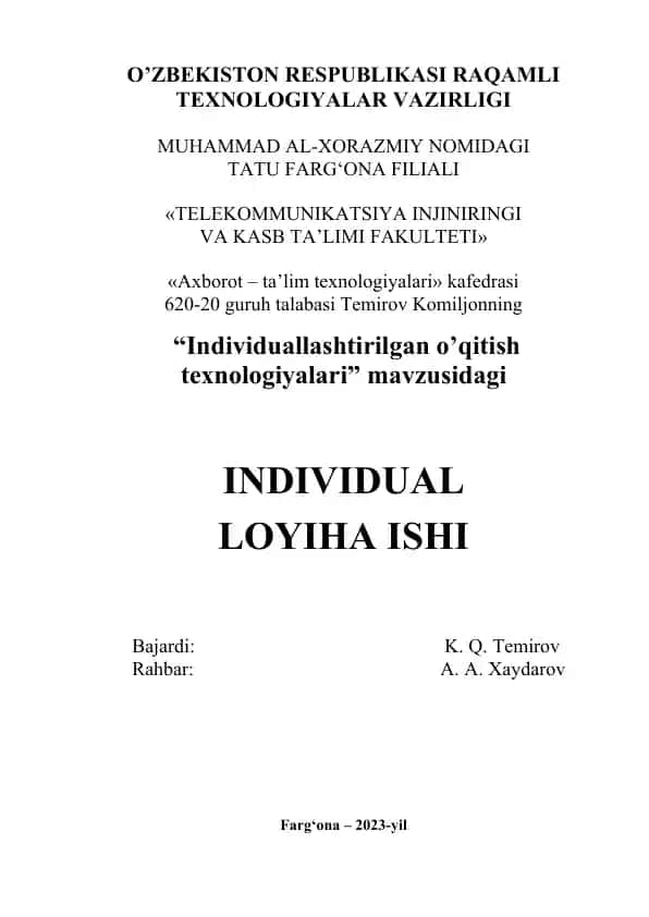 Individual loyihani o'rganish grafigi