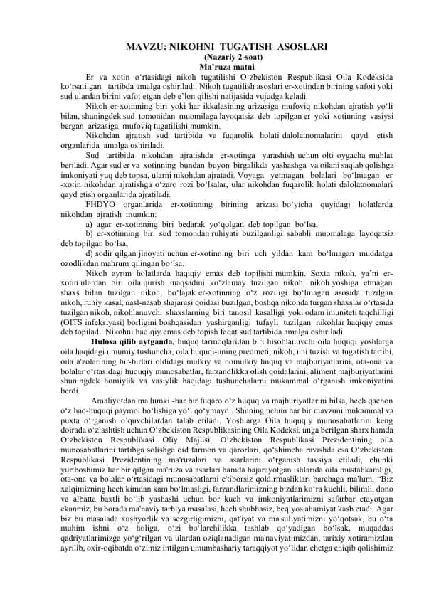 NIKOHNI TUGATISH ASOSLARI