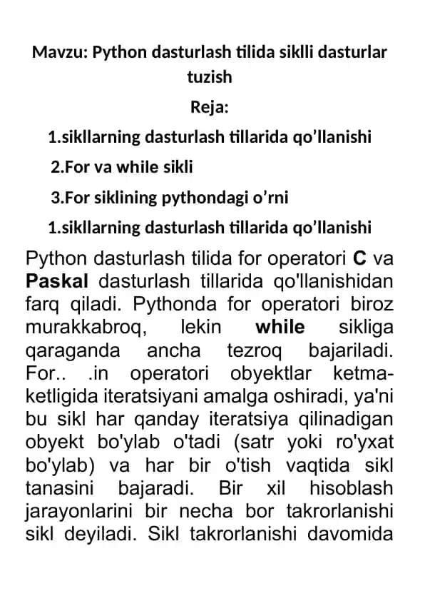 Python dasturlash tilida siklli dasturlar tuzish