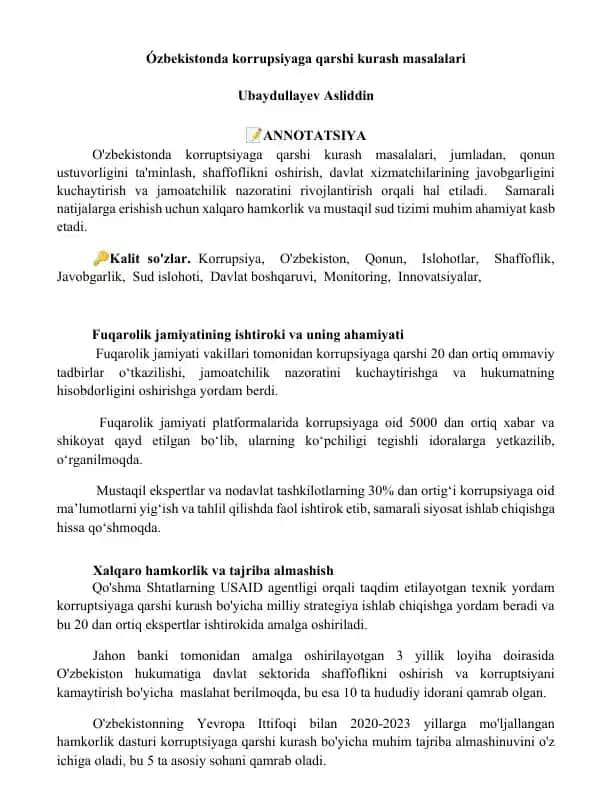 Korrupsiyaga qarshi kurash masalalari O'zbekistonda