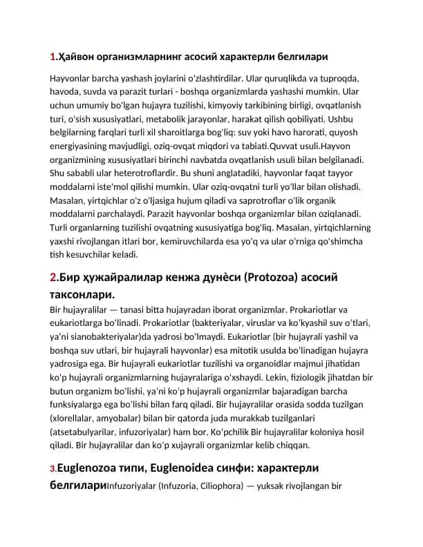 Hayvon organizmlarining asosiy xususiyatlari
