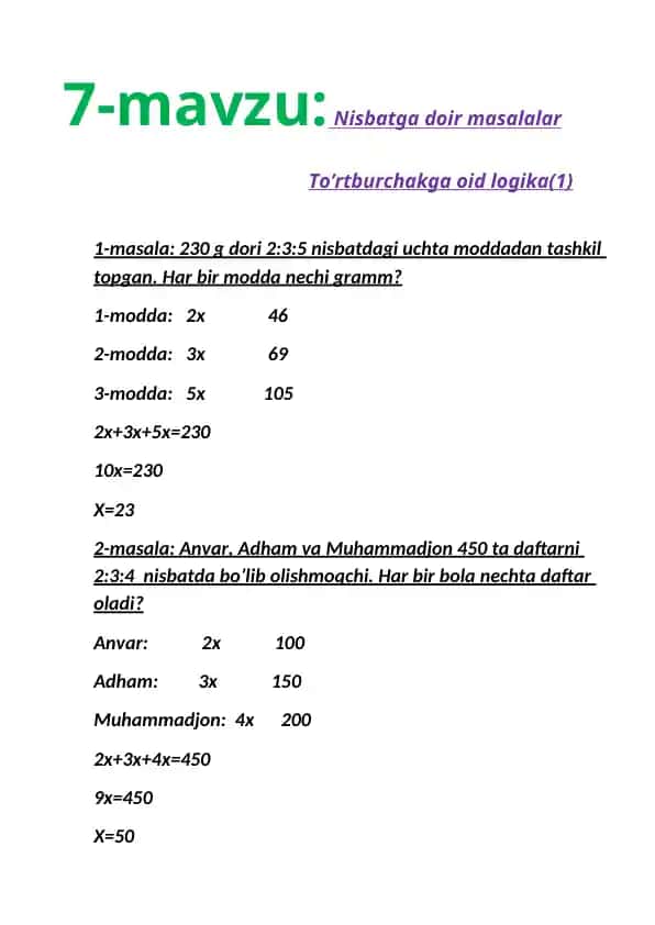 Nisbatga doir masalalar va to‘rtburchakga oid logika