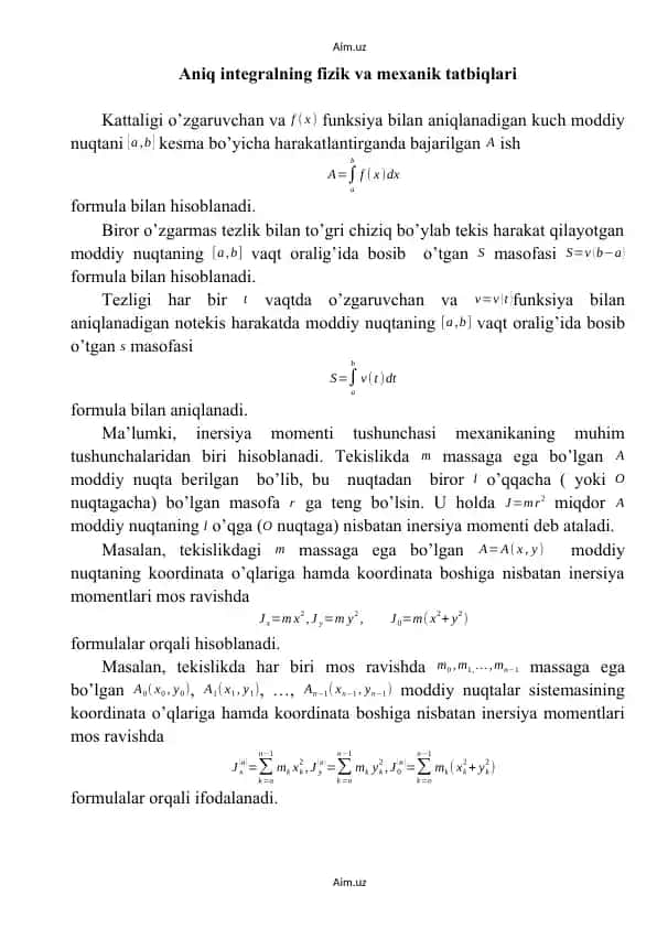 Aniq integralning fizik va mexanik tatbiqlari