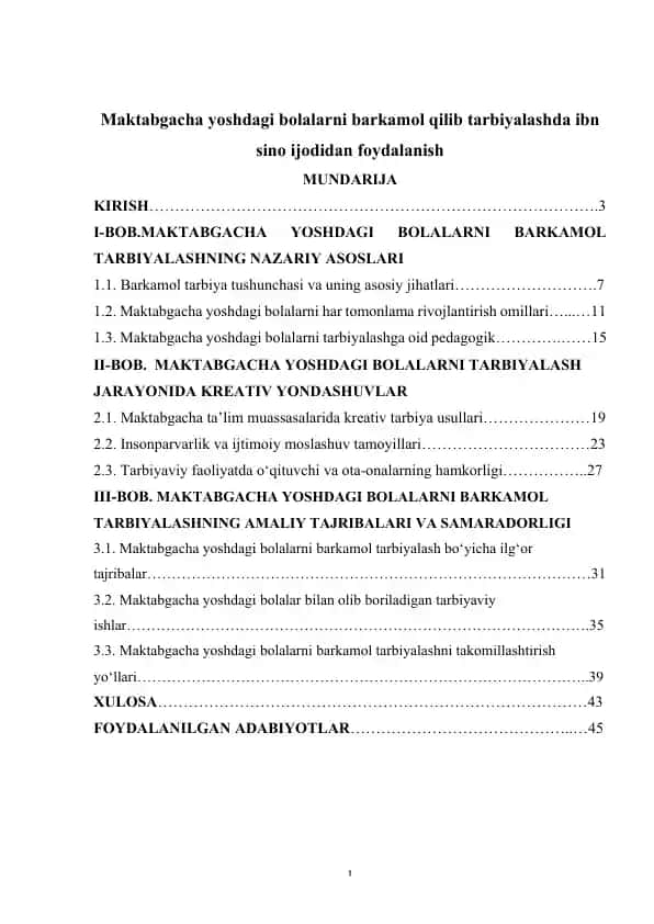 Maktabgacha yoshdagi bolalarni barkamol qilib tarbiyalashda ibn sino ijodidan foydalanish