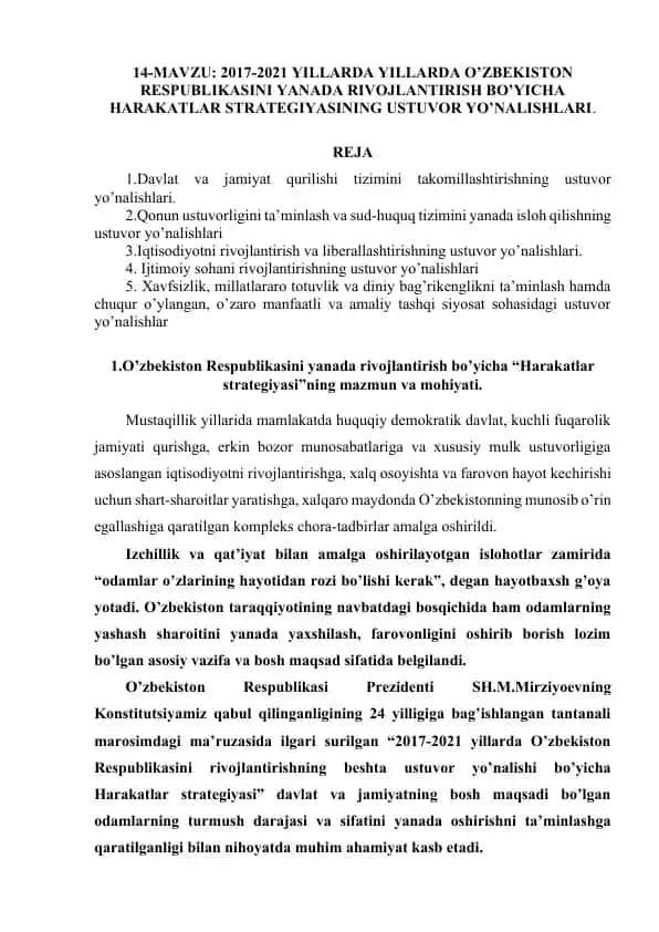 O'zbekiston Respublikasini Yanada Rivojlantirish Bo'yicha Harakatlar Strategiyasi (2017-2021)