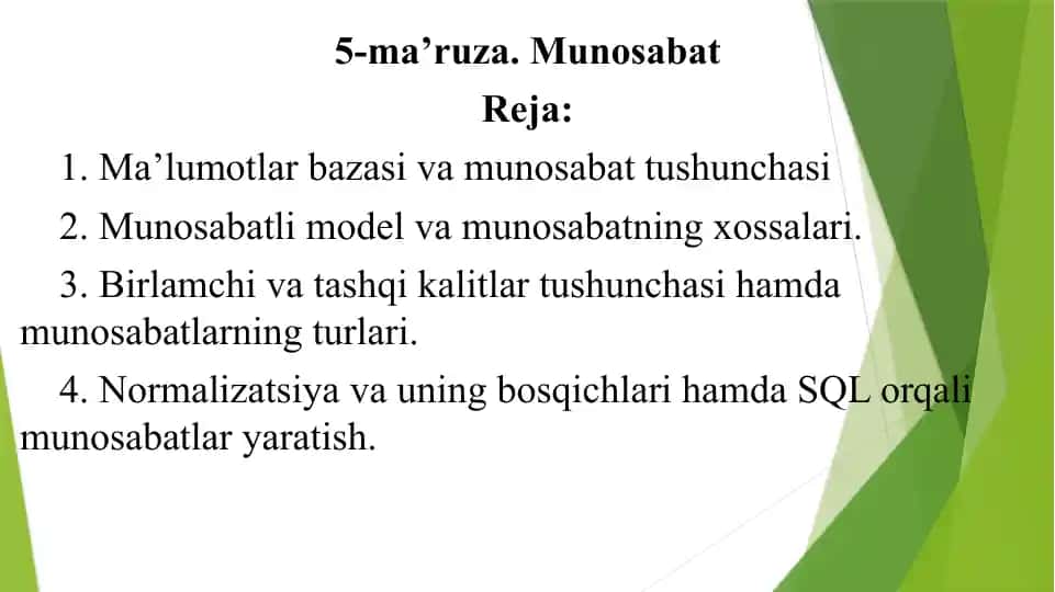 Ma'lumotlar bazasi va munosabat