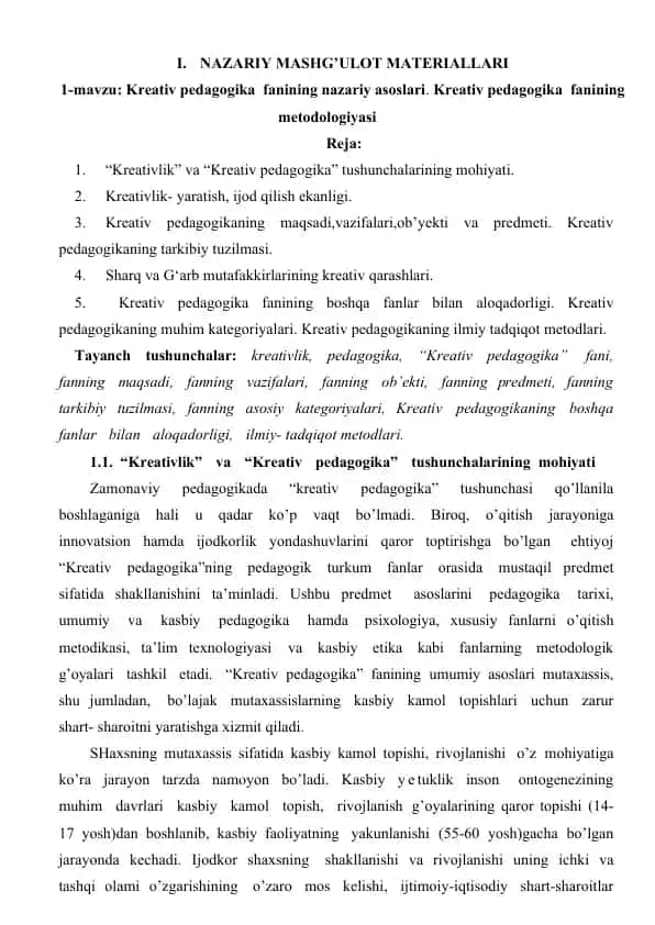 Kreativ pedagogika fanining nazariy asoslari