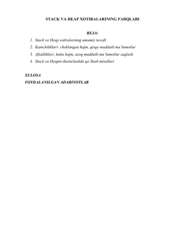 STACK VA HEAP XOTIRALARINING FARQLARI