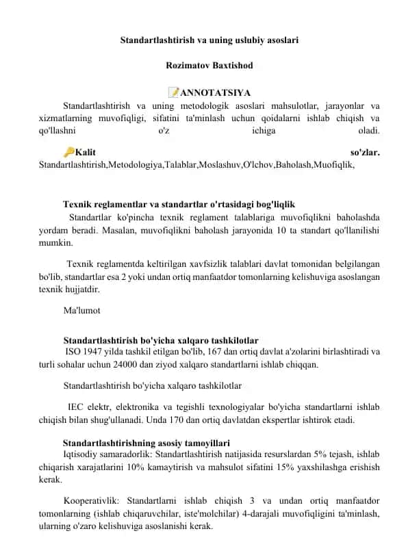 Standartlashtirish va uning uslubiy asoslari