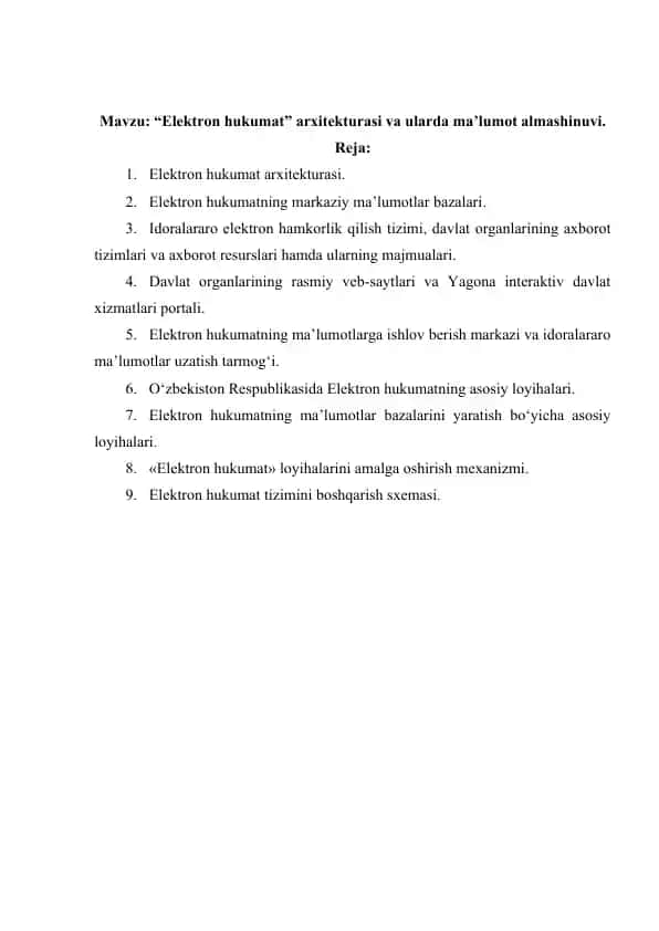 Elektron hukumat” arxitekturasi va ularda ma’lumot almashinuvi
