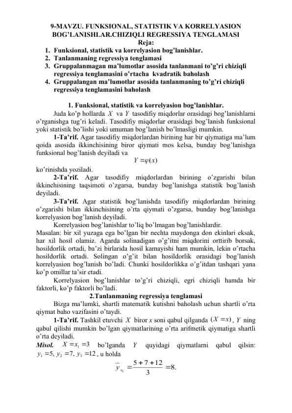 Funksional, statistik va korrelyasion bog’lanishlar. Chiziqli regressiya tenglamasi