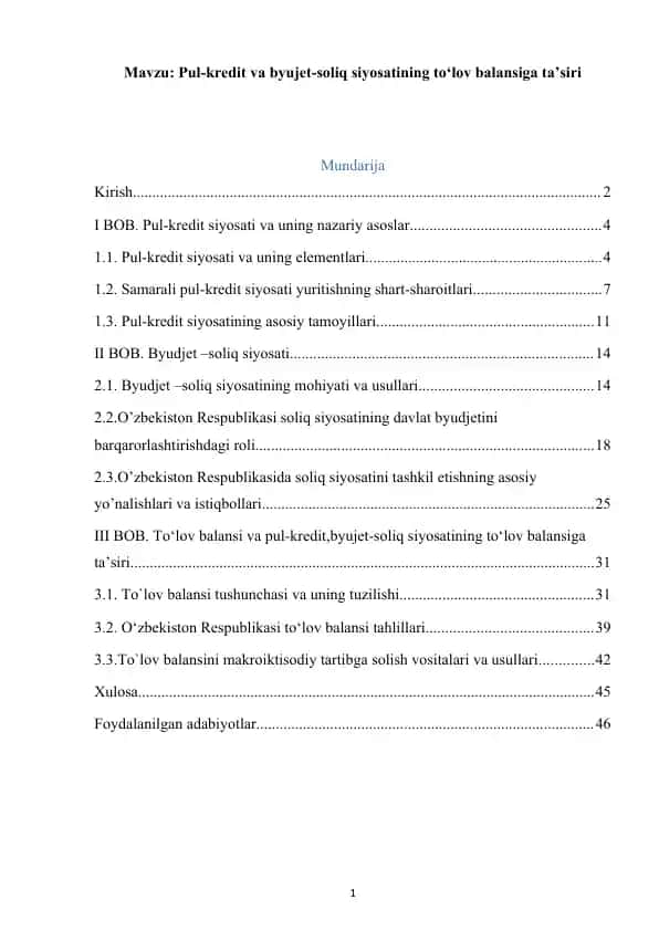 Pul-kredit va byujet-soliq siyosatining tо‘lov balansiga ta’siri