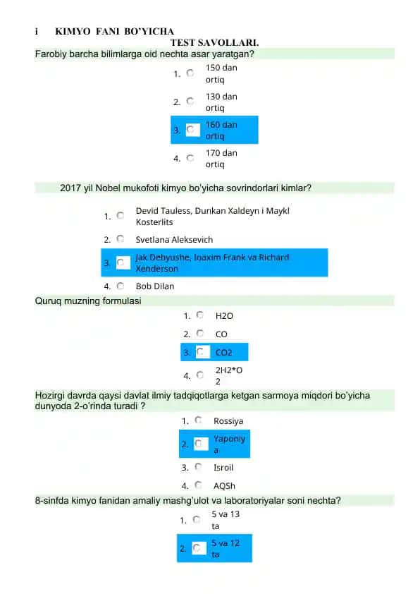 KIMYO FANI BO’YICHA TEST SAVOLLARI