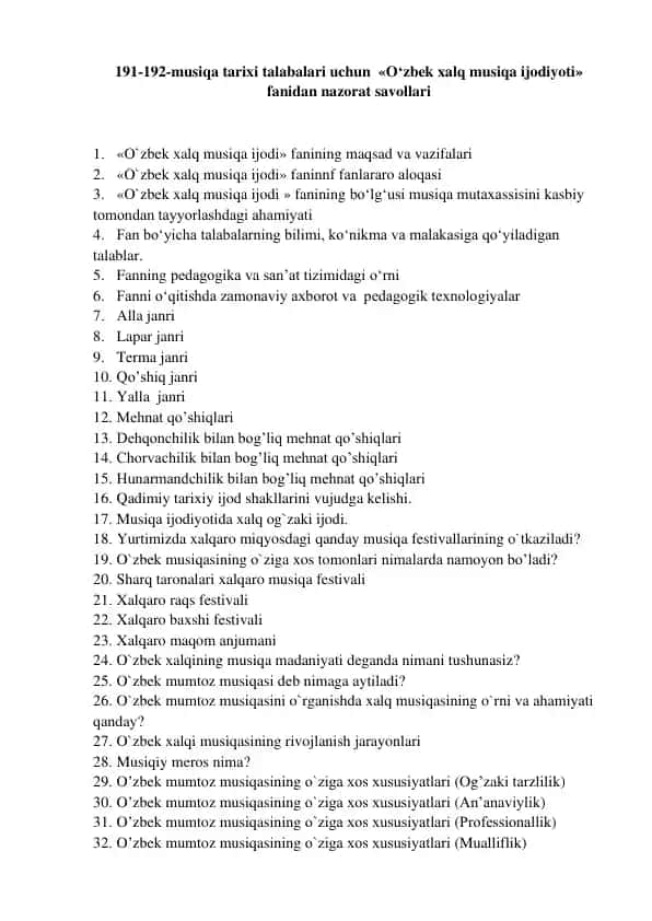 O‘zbek xalq musiqa ijodiyoti fanidan nazorat savollari