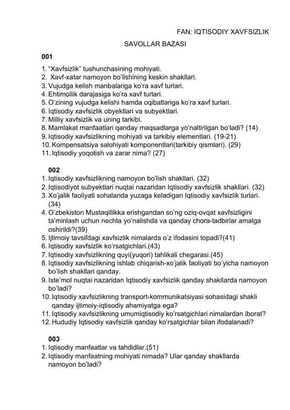 IQTISODIY XAVFSIZLIK SAVOLLAR BAZASI