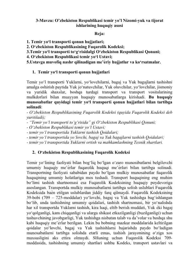 O‘zbekiston Respublikasi temir yo’l Nizomi-yuk va tijorat ishlarining huquqiy asosi