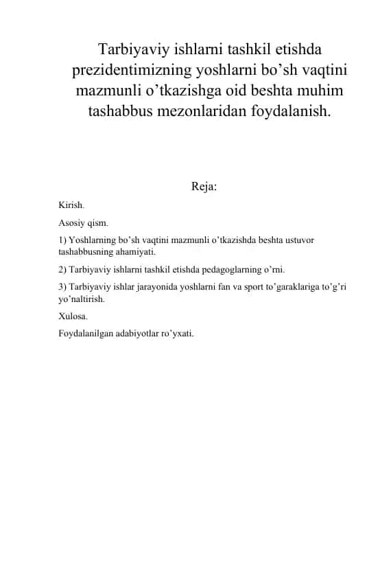 Tarbiyaviy ishlarni tashkil etishda yoshlar uchun 5 ta ustuvor tashabbus
