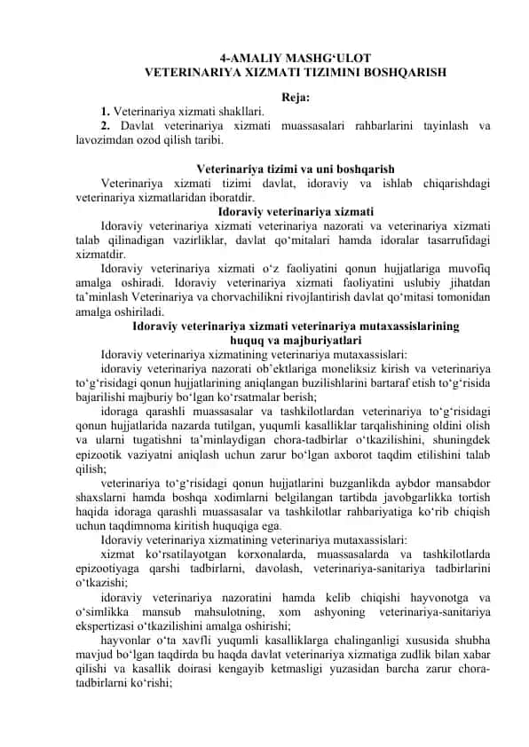 Veterinariya xizmati tizimini boshqarish