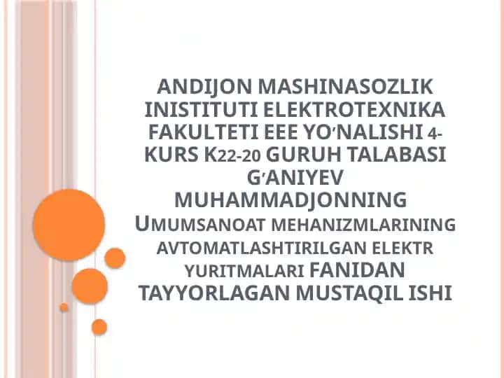 Umumsanoat mehanizmlarining avtomatlashtirilgan elektr yuritmalari
