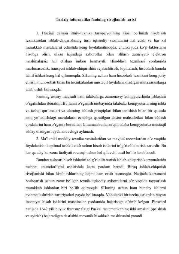 Tarixiy informatika fanining rivojlanish tarixi