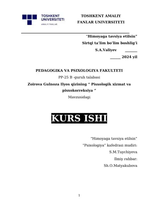 Psixologik xizmat va psixokorreksiya kurs ishi