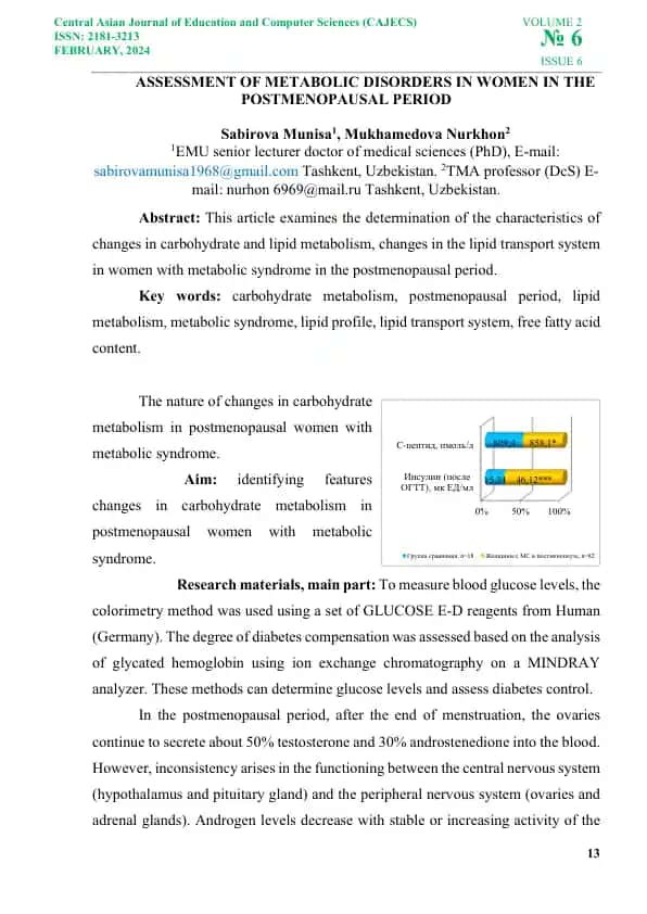 Assessment of Metabolic Disorders in Women in the Postmenopausal Period