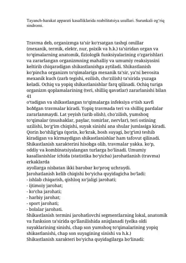 Tayanch-harakat apparati kasalliklarida reabilitatsiya usullari