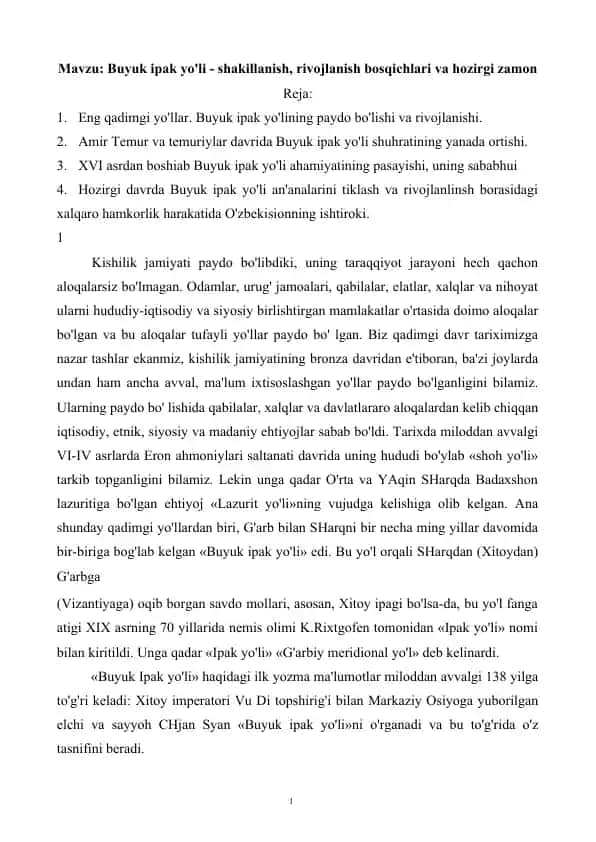 Buyuk ipak yo'lining shakllanishi va rivojlanish bosqichlari