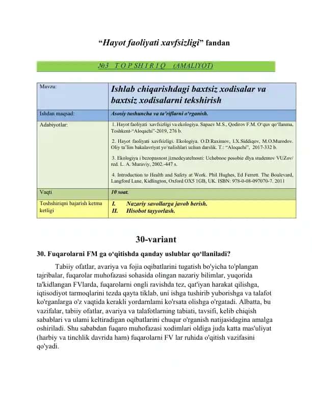 Ishlab chiqarishdagi baxtsiz xodisalar va baxtsiz xodisalarni tekshirish