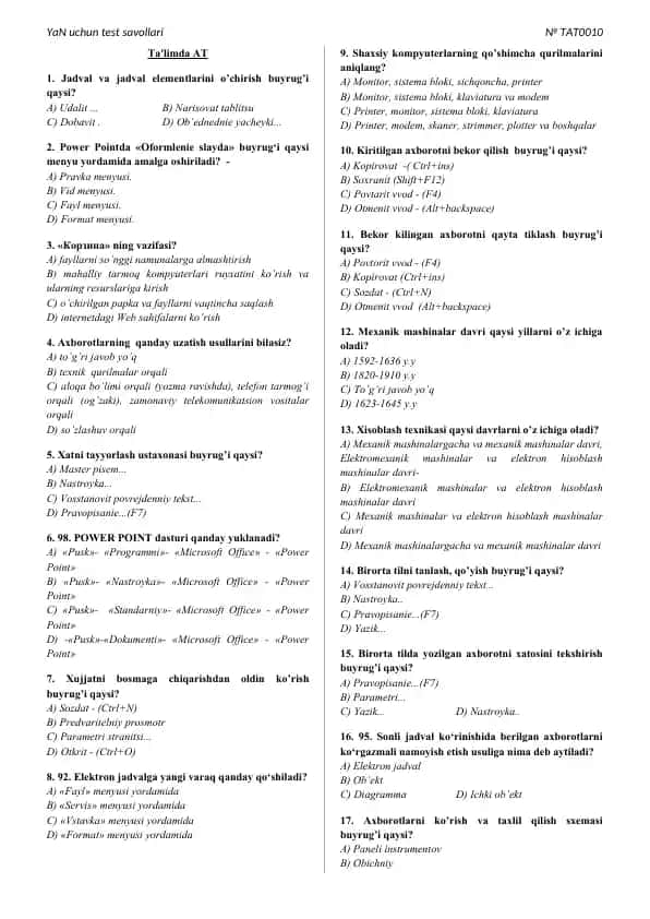 YaN uchun test savollari