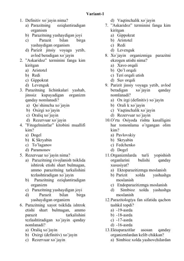 Parazitlar haqida savollar va javoblar