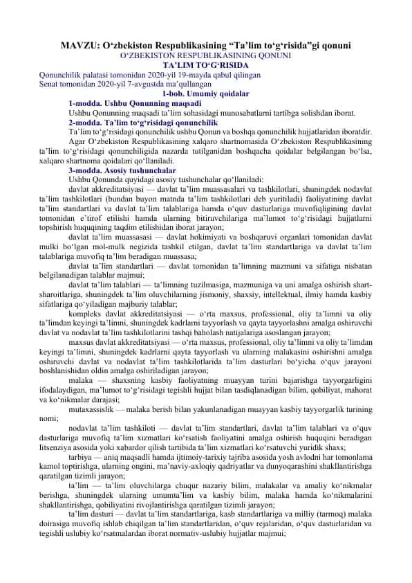 O‘zbekiston Respublikasining “Ta’lim to‘g‘risida”gi qonuni