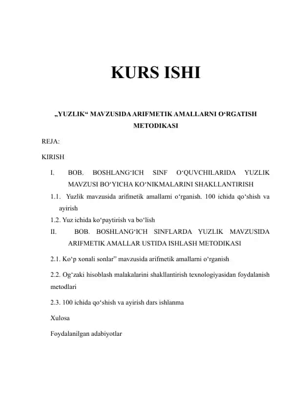 "Yuzlik" mavzusida arifmetik amallarni o‘rgatish metodikasi