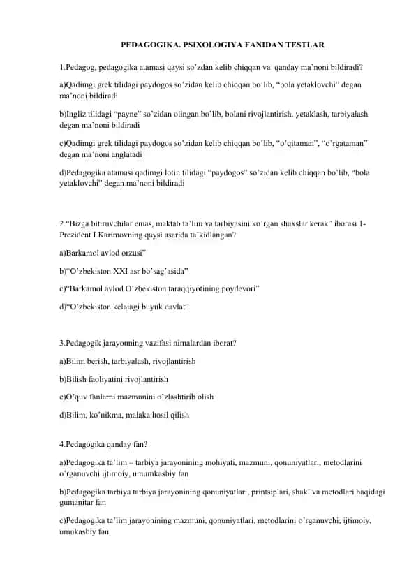 Pedagogika. Psixologiya fanidan testlar