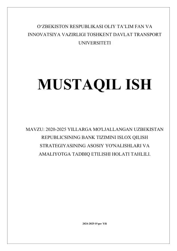 Uzbekiston Respublikasining Bank Tizimini Islox Qilish Strategiyasi