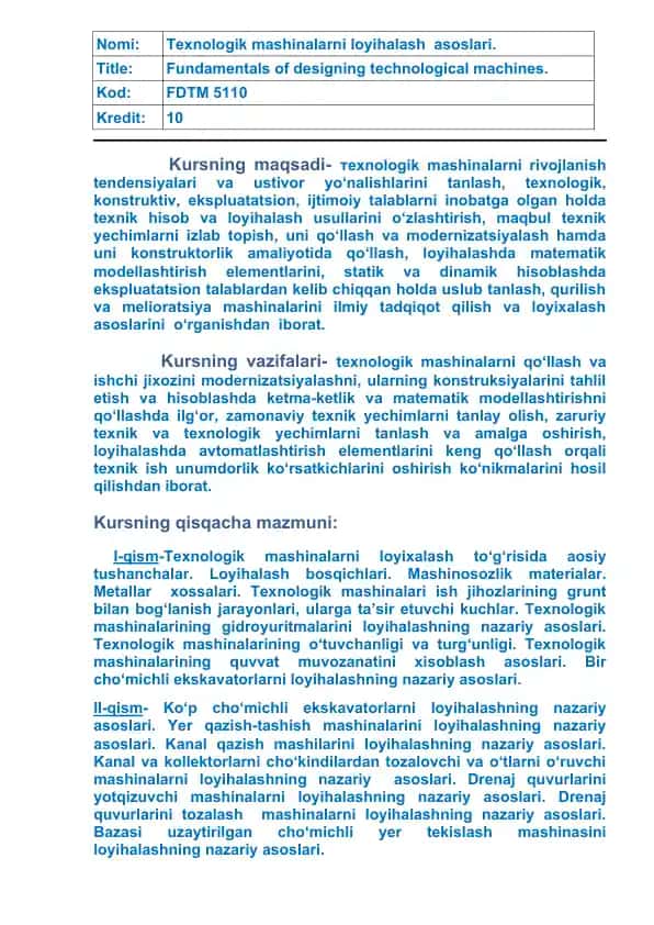Texnologik mashinalar va gidromexanizatsiya vositalari kursi
