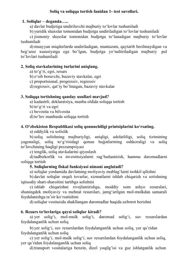 Soliq va soliqqa tortish fanidan 1- test savollari.